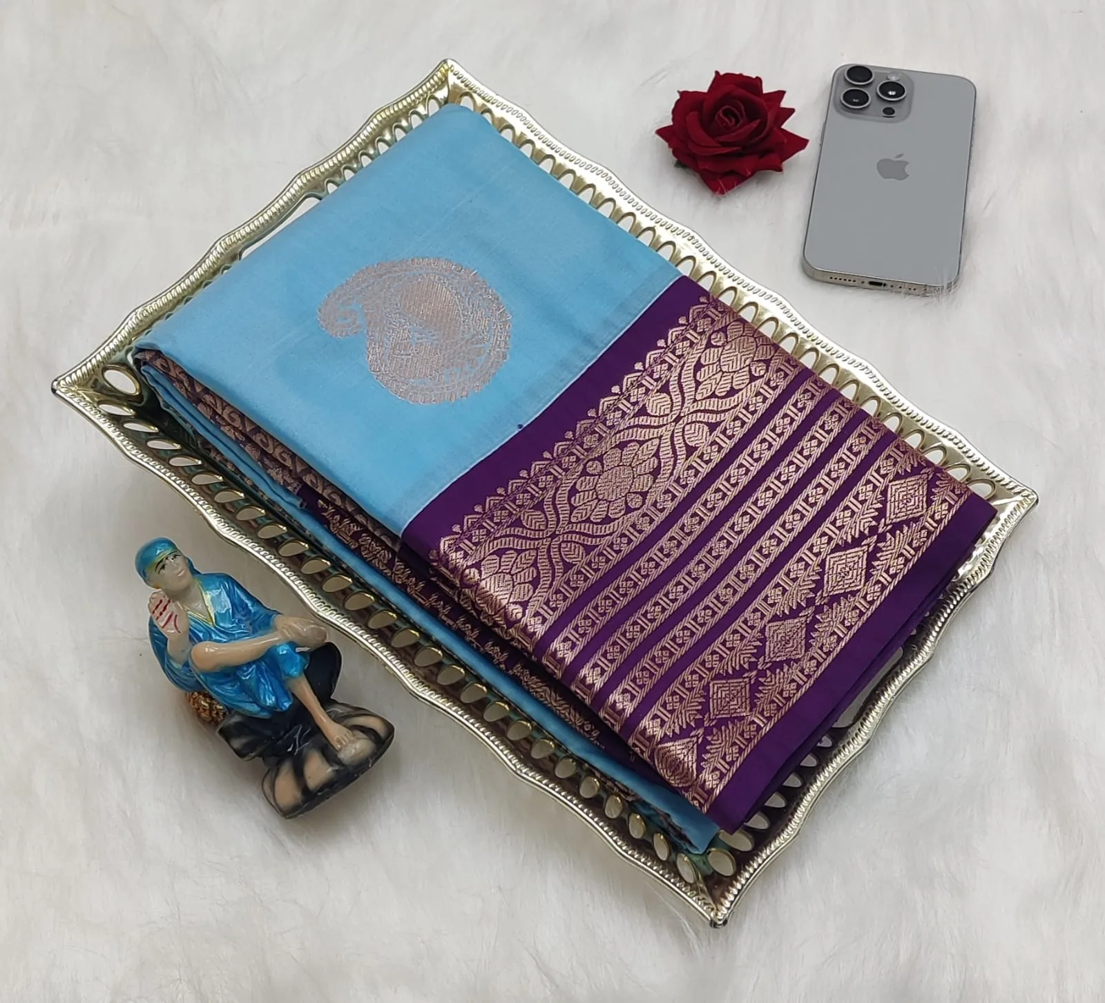 Paisley Motif with Purple Floral Border Korvai Soft Silk Saree